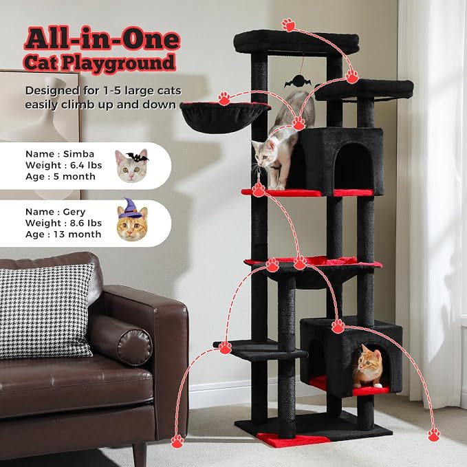 69” Gothic Cat Tree for Indoor Cats Large Adult, Multi-Level Cat Tower with Scratching Post, Dual Top Perches, Big Hammock, 2 Condos & Bat Toy Ball, Cat Furniture for Multi-Cat Households, Black
