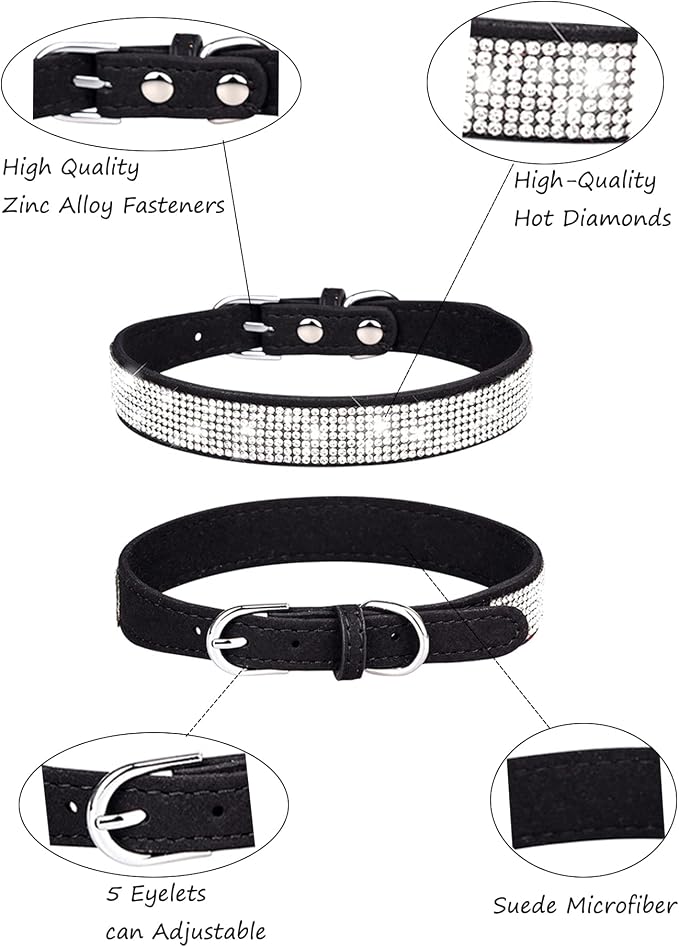 Dog Collar for Medium Dogs, Adjustable Leather Suede Bling Dog Collars，Black Dog Collar Cat Collar, Rhinestone Dog Collar (M, Black)