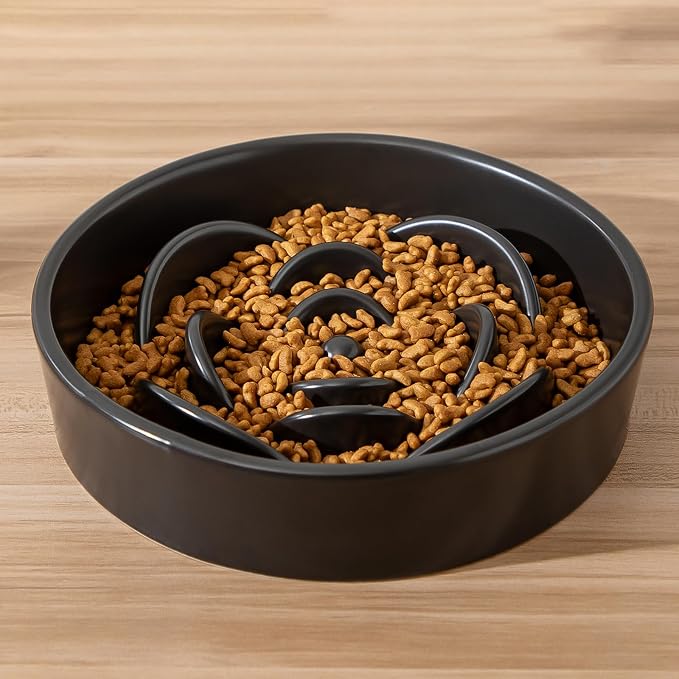 8.25'' Ceramic Slow Feeder Dog Bowls - Petal Shape Modern Dog Food Dish for Medium and Large Breeds, Puzzle Maze Bowl to Slow Down Eating, Anti-Gulping, Dishwasher & Microwave Safe, Black