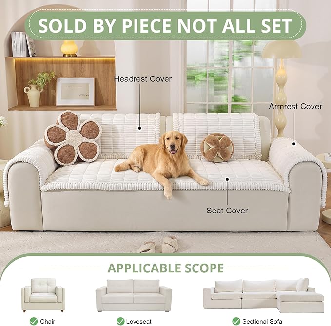 OstepDecor Couch Cover for Dogs, Washable Non Slip Sofa Cover for Pets, Soft Couch Covers for Sofa, Loveseat and Sectional, Furniture Protector Against Pet Hair & Scratches (27.6" x 82.7", White)
