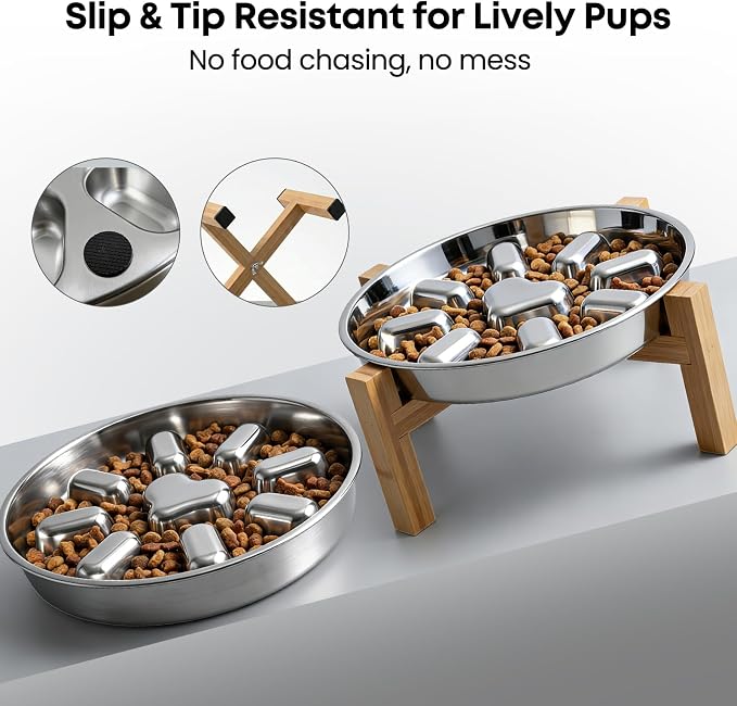 Elevated Slow Feeder Dog Bowl for Small Medium Breed Puppies, 2 Cup 304 Stainless Steel Maze Food Dish for Fast Eaters, Non Slip Raised Doggy Metal Plate with 5.5 Inch Stand, Non Gobbling, Neck Relief