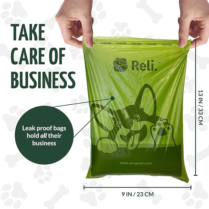 Reli. Biodegradable Dog Poop Bags Rolls (600 Pack, 40 Rolls) | 9"x13" Oxodegradable | Large Dog Poop Bags | Unscented, Leak Proof for Doggie/Pet Waste | Green Eco-Friendly | w/Leash Clip Holder