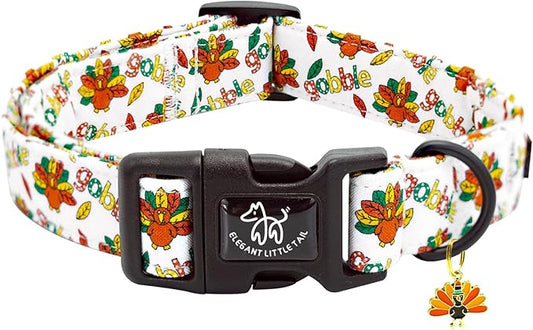 Elegant little tail Thanksgiving Dog Collar, Turkey Print Cotton Soft Plastic Buckle Sturdy Puppy Collars Holiday Female or Male Adjustable Collar for X-Small Dogs