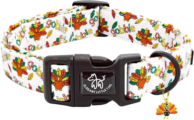 Elegant little tail Thanksgiving Dog Collar, Turkey Print Cotton Soft Plastic Buckle Sturdy Puppy Collars Holiday Female or Male Adjustable Collar for Medium Dogs