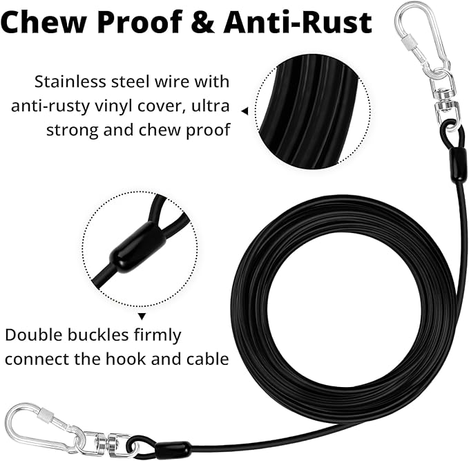 jenico Dog Tie Out Cable: 10ft Dog Lead for Yard - Heavy Duty Chain Leash Outside for Small Large Dogs Up to 500 lbs - Outdoor Runner Tether (Black)