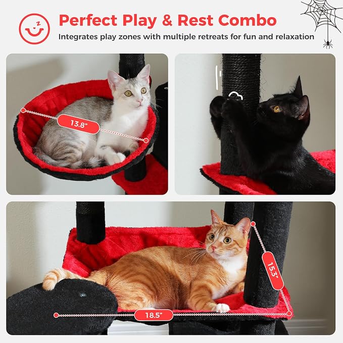 69” Gothic Cat Tree for Indoor Cats Large Adult, Multi-Level Cat Tower with Scratching Post, Dual Top Perches, Big Hammock, 2 Condos & Bat Toy Ball, Cat Furniture for Multi-Cat Households, Black