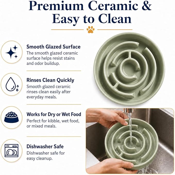 Ceramic Slow Feeder Dog Bowls with Anti-Slip, Slow Feeder & Non-Slip Design, Boredom and Anxiety Reducer, Suitable for All Breed Dogs and Cat (Ceramic-Green)