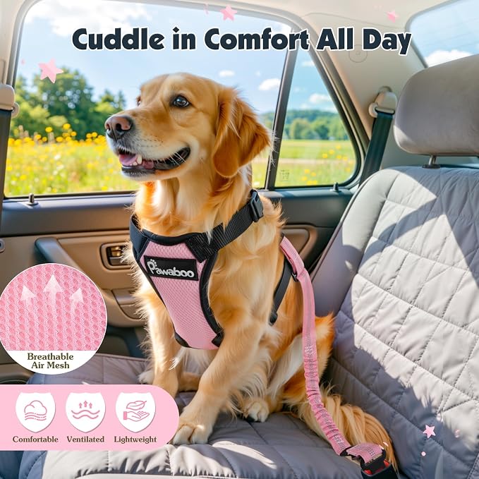 Pawaboo Dog Seat Belt Harness for Car, Dog Car Harness Seatbelt with Double Clips, Adjustable Breathable Pet Vest & Dogs Safety Tether with Elastic Bungee for Small Medium Large Pet, L, Pink + Black