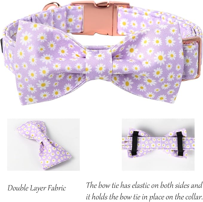 Lionet Paws Spring Dog Collar with Bowtie, Soft Comfortable Adjustable Cute Daisy Bowtie Collar for Dogs Female Gift, Medium, Neck 13.5-22 inches