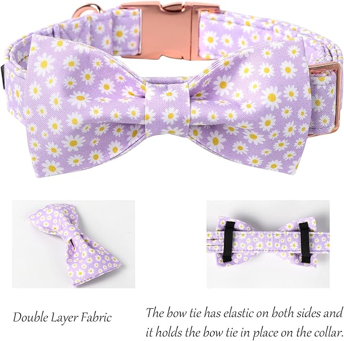 Lionet Paws Spring Dog Collar with Bowtie, Soft Comfortable Adjustable Cute Daisy Bowtie Collar for Large Dogs Female Gift, Neck 16-24 inches