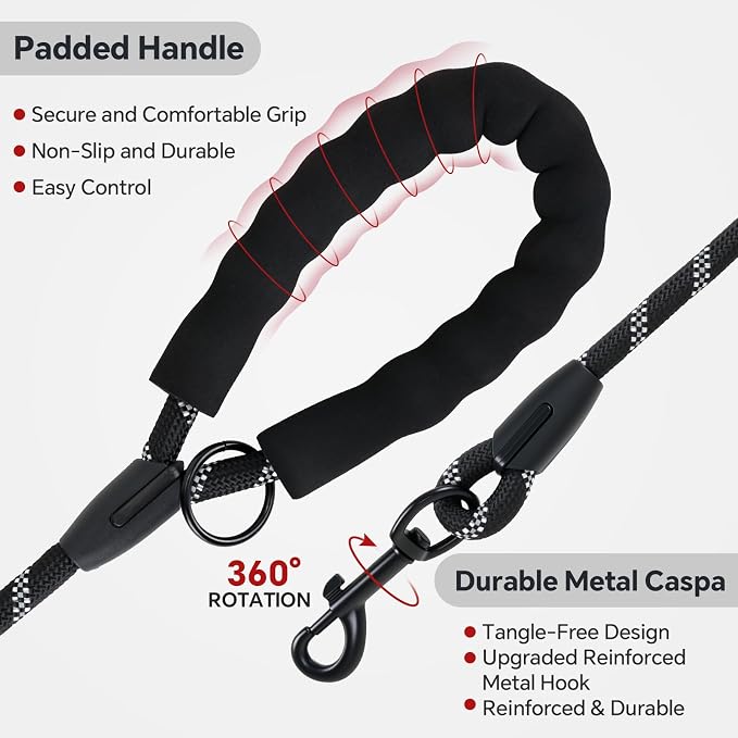 Heavy Duty Dog Leash, 4.9 FT for Large and Small Dogs, Strong Nylon, Comfortable Handle, Reflective Stitching - Ideal for Walking, Training, and Outdoor Activities, Black