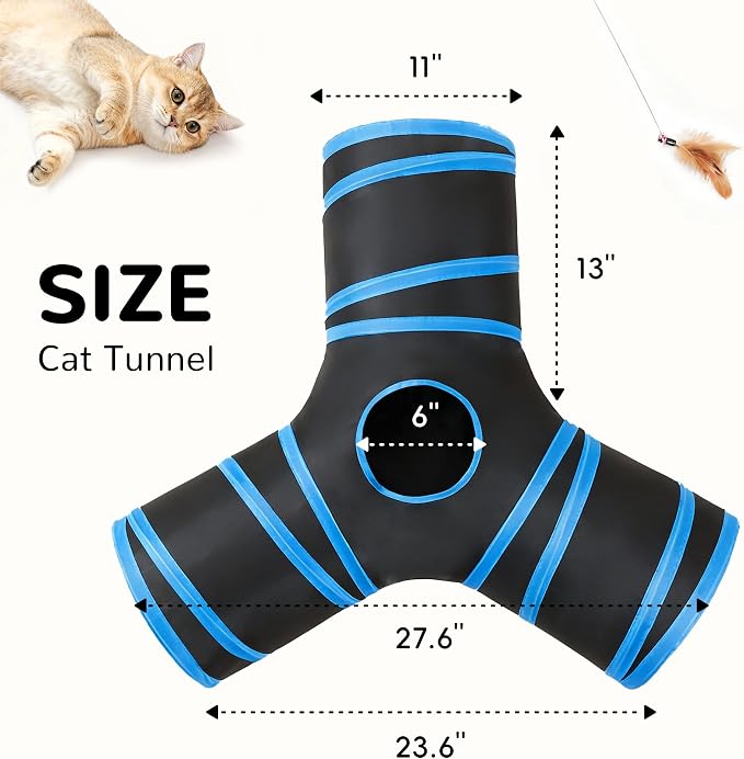 Tempcore Cat Tunnel for Indoor Cats, 3 Way Collapsible Pet Play Tunnel with Teaser Wand, Peek Holes & Hanging Ball, Interactive Tube for Kittens & Rabbits, Black & Royal Blue