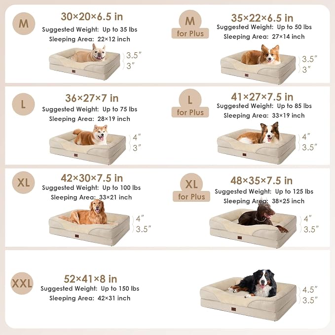 EHEYCIGA Orthopedic Dog Bed for Large Sized Dog, 41x27 Inch Large Memory Foam Dog Couch Bed with Sides, Waterproof Liner & Washable Removable Cover, Bolster Pet Sofa, Beige