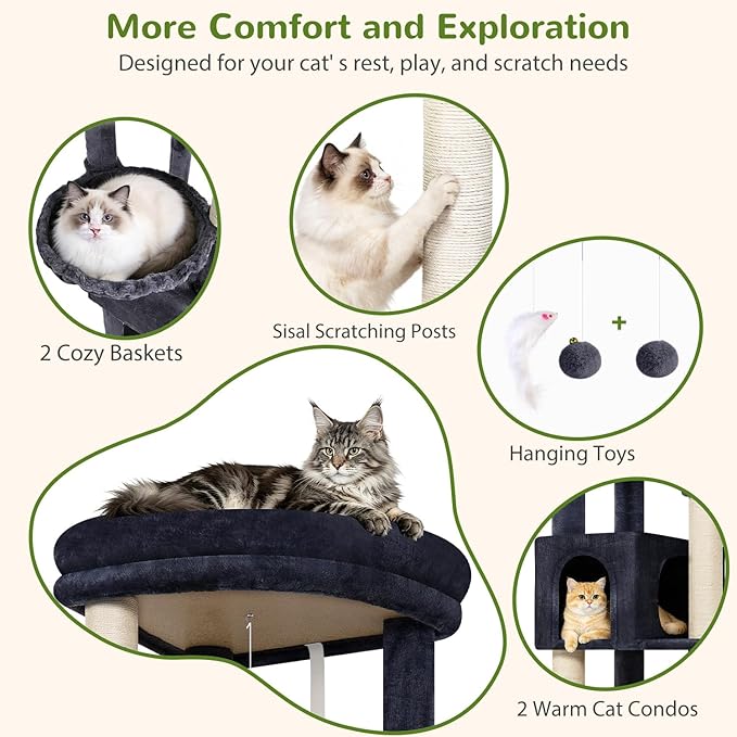 Globlazer 64in Corner Cat Tree for Large Indoor Cats, Space Saving Multi-Level Cat Tower with 2 Condos, 2 Hammocks, 4 Sisal Scratching Posts, C64, Dark Grey