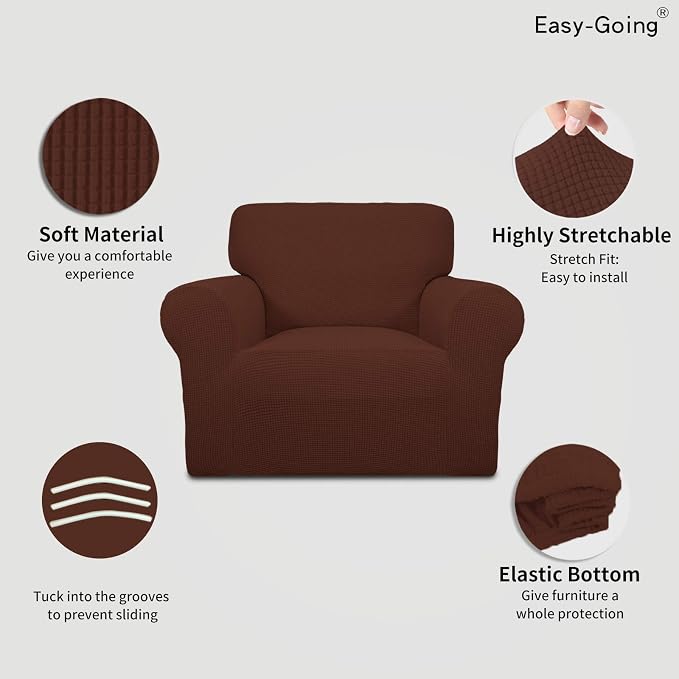 Easy-Going Stretch Chair Sofa Slipcover 1-Piece Couch Sofa Cover Furniture Protector Soft with Elastic Bottom for Kids, Pet. Spandex Jacquard Fabric Small Checks (Chair, Coffee)