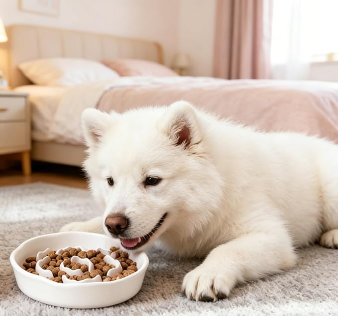 Pet Feeding Bowls, Ceramic Slow Feeder Dog Bowl - Heavy Weighted Blue Bloom Food Dish for Small to Medium Dogs - Non-Slip, Microwave & Dishwasher Safe Pottery Maze to Fast Eating (Milky White)