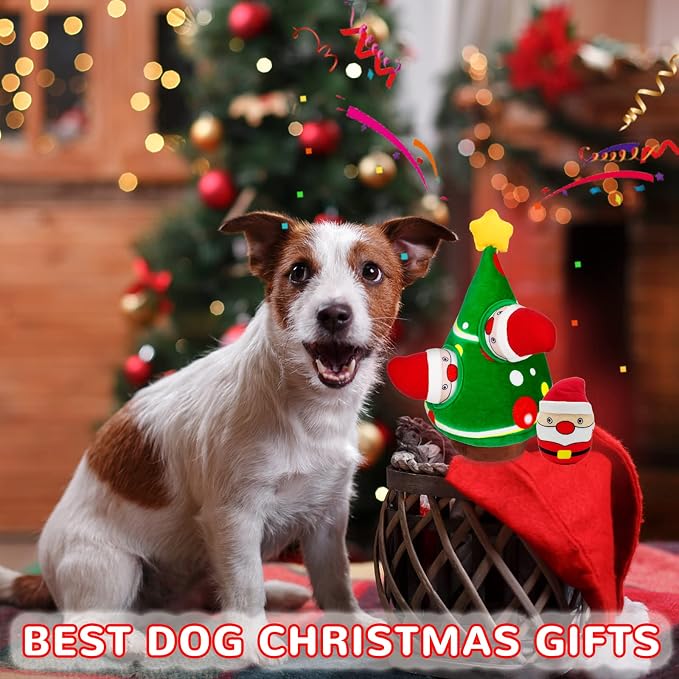 lilfrd Christmas Dog Toys, 4 Pack Santa Xmas Tree Hide Seek Squeaky Toy | Lovely Christmas seasonal treat, suitable for small and medium breeds