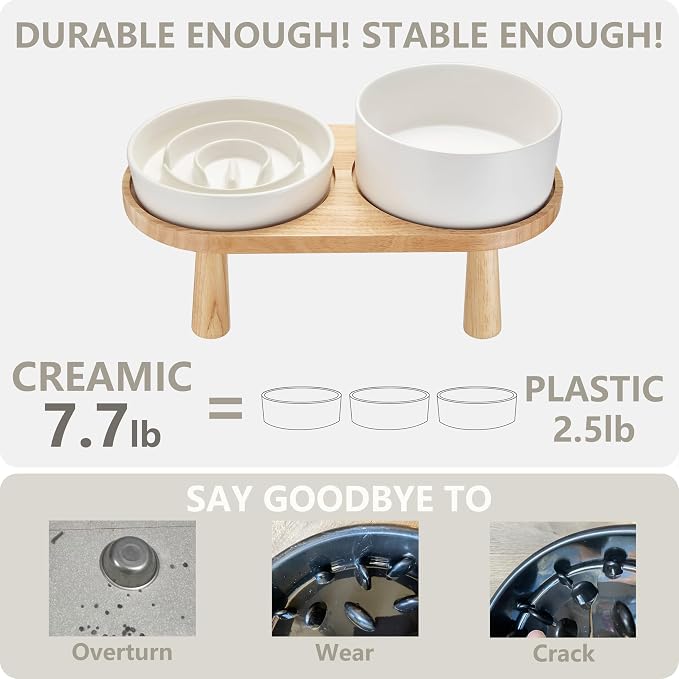 Ceramic Slow Feeder and Water Bowl Set for Medium and Large Dogs, 8.0 Inches Ceramic Dog Bowls Elevated with Wooden Stand, 2.0 Cups Dog Slow Feeder(30oz) and 70oz Water Bowl Set, White