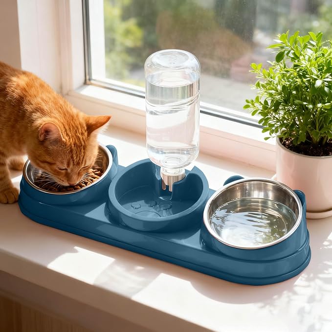 3 in 1 Cat Bowls Pet Feeder with Water Dispenser, 15° Raised Cat Dish Food and Water Bowls Set for Wet/Dry Food, Triple Pet Feeding Station for Rabbit Kitten Bunny (Blue)
