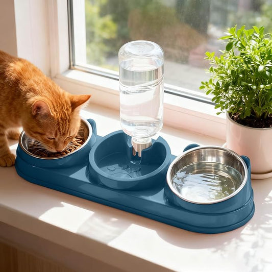 3 in 1 Cat Bowls Pet Feeder with Water Dispenser, 15° Raised Cat Dish Food and Water Bowls Set for Wet/Dry Food, Triple Pet Feeding Station for Rabbit Kitten Bunny (Blue)