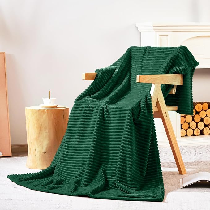 Bnuitland Dark Green Flannel Throw (50X71 inches) with Pillow Cover(18×18"),300GSM Super Soft Fleece Stripe Pattern Sofa Blanket, Lightweight Cozy Bed Throw for Home Decor All Season
