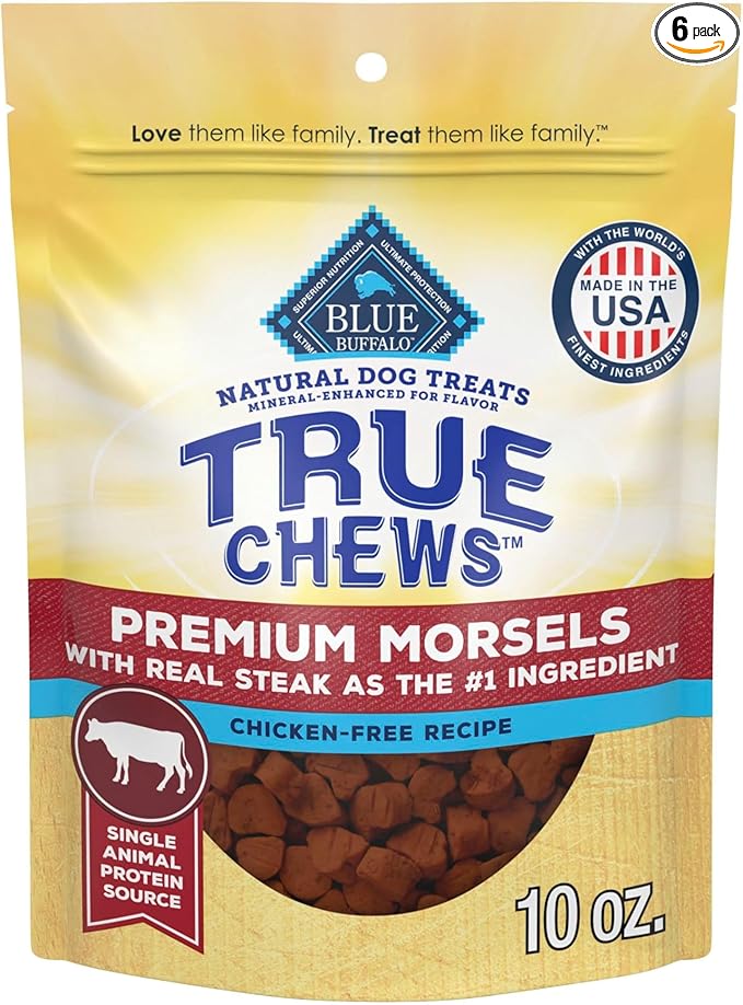 Blue Buffalo True Chews Premium Morsels Dog Treats, Made in The USA with Natural Ingredients, Steak, 10-oz Bag (Pack of 6)