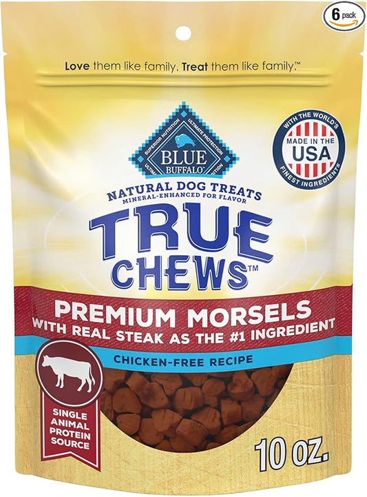 Blue Buffalo True Chews Premium Morsels Dog Treats, Made in The USA with Natural Ingredients, Steak, 10-oz Bag (Pack of 6)