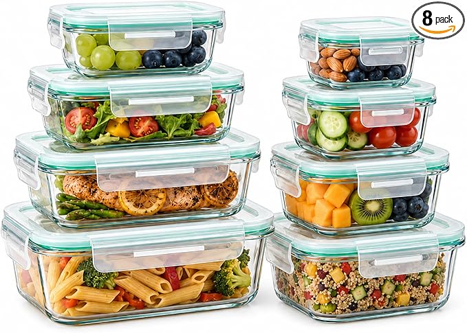 Melovom 8 Pack Glass Food Storage Containers with Lids, Airtight Glass Meal Prep Containers Set, Borosilicate Glass Food Storage Containers, BPA-Free Lids, Microwave, Oven, Freezer & Dishwasher Safe