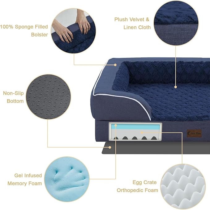 Orthopedic Dog Beds for Extra Large Sized Dogs 45x35 Inch, XL Waterproof Egg Crate Foam Dog Sofa Bed with Removable Washable Cover Big Pet Couch with Bolster & Non-Slip Bottom, Navy Blue