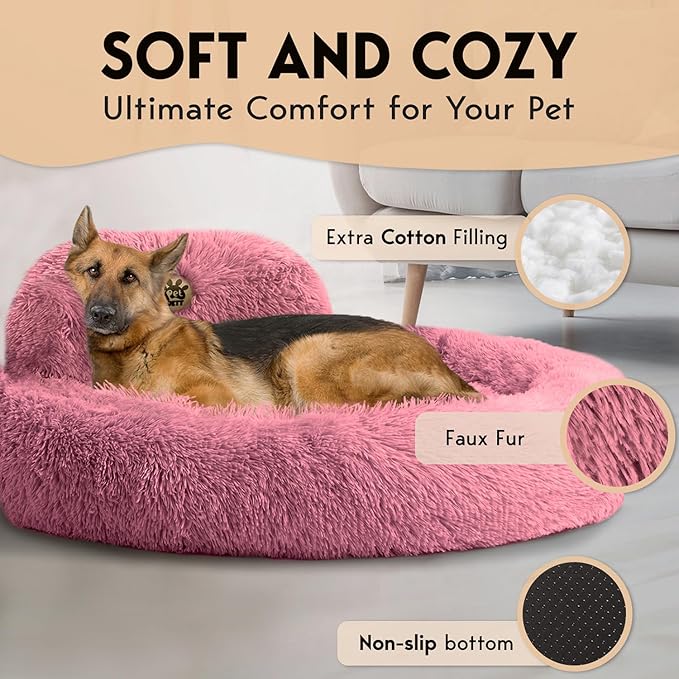 PetJett XL Dog Beds for Large Sized Dog - 45'' Extra Large Dog Bed, Anti-Slip & Washable Super Soft Round Donut Bed, Fluffy Faux Fur Anti-Anxiety Premium Comfort Pet Bed, Fits Dogs up to 120 lbs