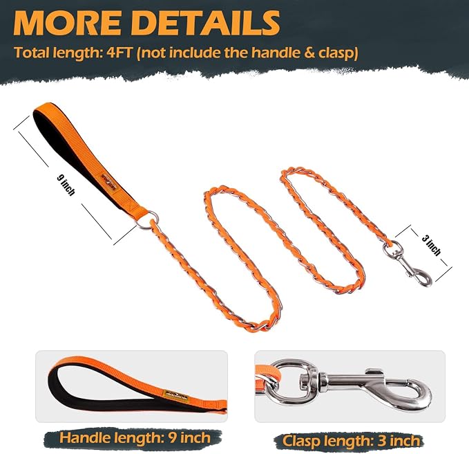 Chain Dog Leash Chew Proof Metal Leash for Medium Large Dogs, Chain Link Dog Anti Chew 5.2FT / 4FT Strong Anti Bite Comfortable Soft Padded Handle (Orange, 4FT(80-150lb))