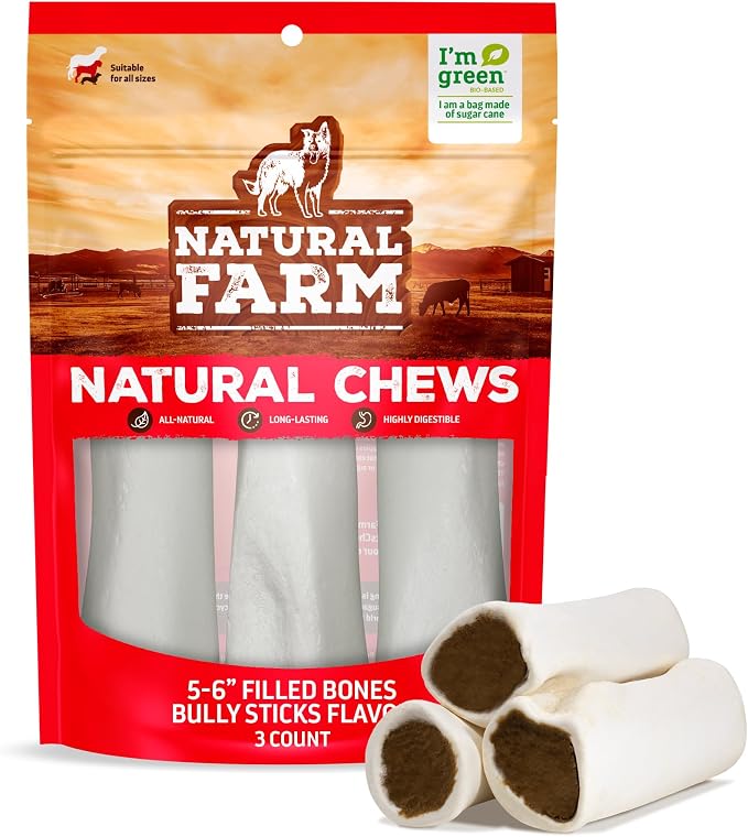 Natural Farm Filled Dog Bones, Bully Stick Flavor (5-6 Inch, 3 Pack), Limited Ingredient Stuffed Dental Dog Bone Treats for Large Dogs
