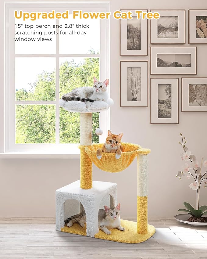 MUTTROS Cute Cat Tree with Flower Top Bed - Cloud Scratching Posts, 35" Small Cat Tower with Large Metal Frame Hammock for Indoor Cats, White Cat Condo for Kittens, Yellow