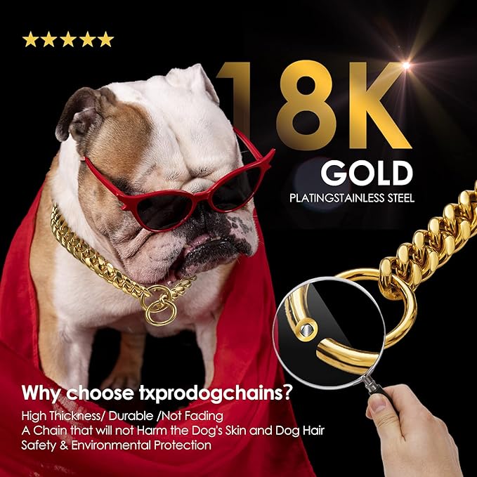 txprodogchains 18K Gold Chain Dog Collar 10MM Cuban Link Chain Stainless Steel Metal Links Walking Training Collar for Small Medium Large Dogs 10in to 28in