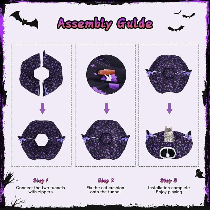 Tidjani Cat Tunnel Bed, Cat Tunnels for Indoor Cats, Foldable Cat Donut Bed with Washable Mat and Dangling Balls, Purple Bowknot, Ghost Spider Pattern Decor Pet Toys for Small Animals