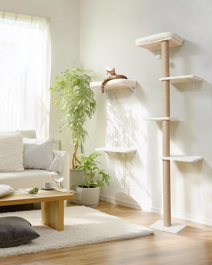 FUKUMARU Cat Wall Shelves Set, 70 Inch Stable Wall Mounted Tree, Kitten Scratching Post with Soft Cushion Perch, Space Saving Climbing Wall Furniture for 16 Inch Drywall - Beige