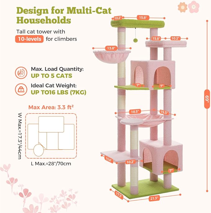 69” Tall Cat Tree for Indoor Cats Large Adult, Multi-Level Cat Tower with Scratching Post, Dual Top Perches, Big Hammock & 2 Spacious Condos, Cat Furniture for Multi-Cat Households, Pink/Green