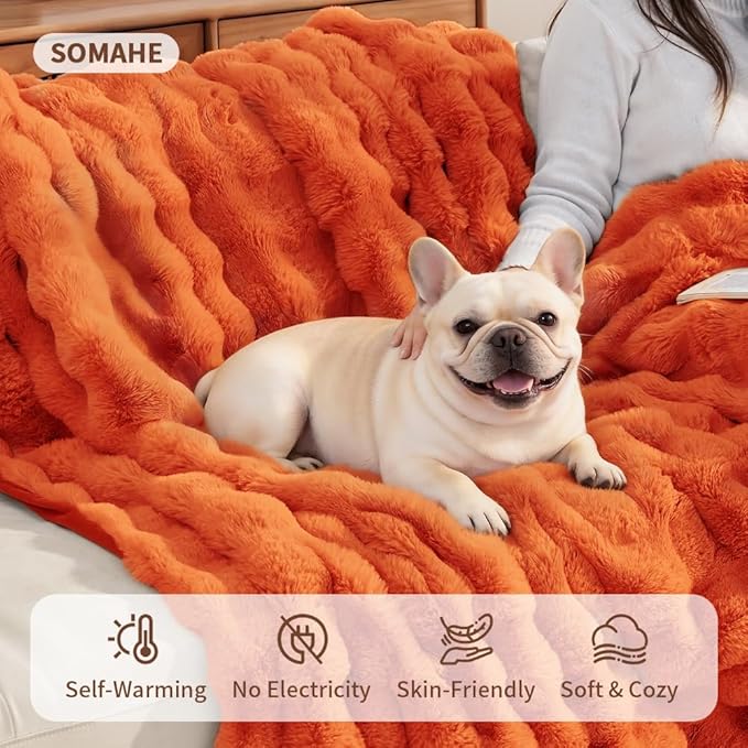 SOMAHE Pet Blanket, Reversible Sherpa & Bubble Fleece Pet Throw, Ultra-Soft Plush for Cats & Small Dogs, Machine Washable, Anti-Static, Warm & Cozy,28"×22" Inch Orange