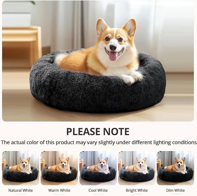 JOLLYVOGUE Calming Small Dog & Cat Bed for Indoor Cats - 20 inches Washable Donut Bed for Kittens & Puppies, Anti-Anxiety Round Fluffy Plush Pet Beds (Fits up to 15 lbs, Black)