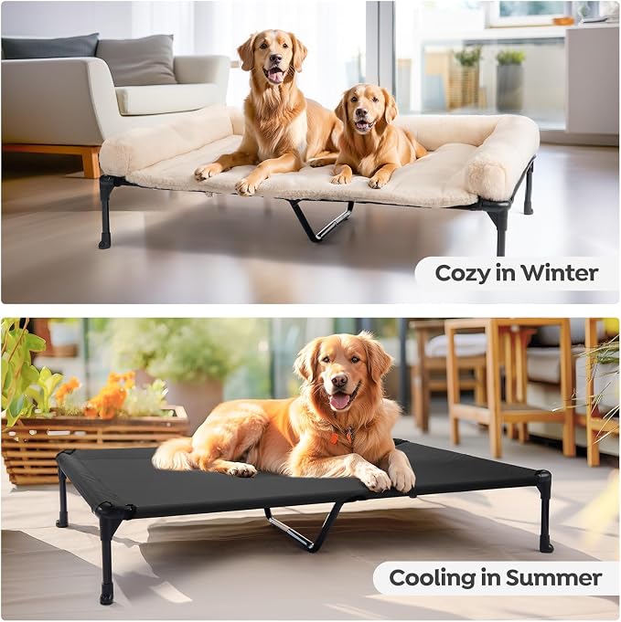 Veehoo Orthopedic Elevated Dog Bed with Fluffy Plush Bolster Cushion, Indoor Raised Dog Beds for Large Dogs, Soft Pet Sofa Cot with Removable Washable Mat, No-Slip Feet, 49 x 33 inches, Cream White