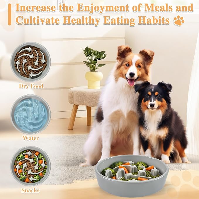 Ceramic Slow Feeder Dog Bowls, 2 Cups Dog Food Dish for Medium and Large Breed, Puzzle Dog Food Bowl for Fast Eater, 28OZ, 8.15 inch(Grey)