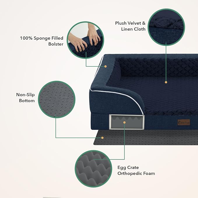 Orthopedic Dog Beds for Extra Large Sized Dogs 48x30 Inch, XL Waterproof Egg Crate Foam Dog Sofa Bed with Removable Washable Cover Big Pet Couch with Bolster & Non-Slip Bottom, Navy Blue