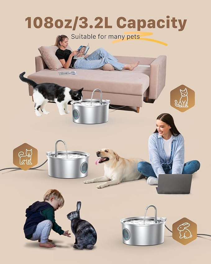 Pet Water Fountain Stainless Steel: 108oz/3.2L Cat Water Fountains for Cats Indoor - Metal Cat Fountain Bowl - Faucet Kitty Fountains with Led Light - Cats Pet Fountain for Drinking
