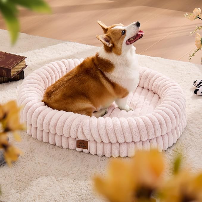 ChiXnuggle Orthopedic Dog Bed for Large Dogs, Waterproof Faux Rabbit Fur Dog Couch with Egg Crate Foam Support and Washable Removable Cover, Bolster Pet Sofa with Non-Slip Bottom, 35x28x7, Pink