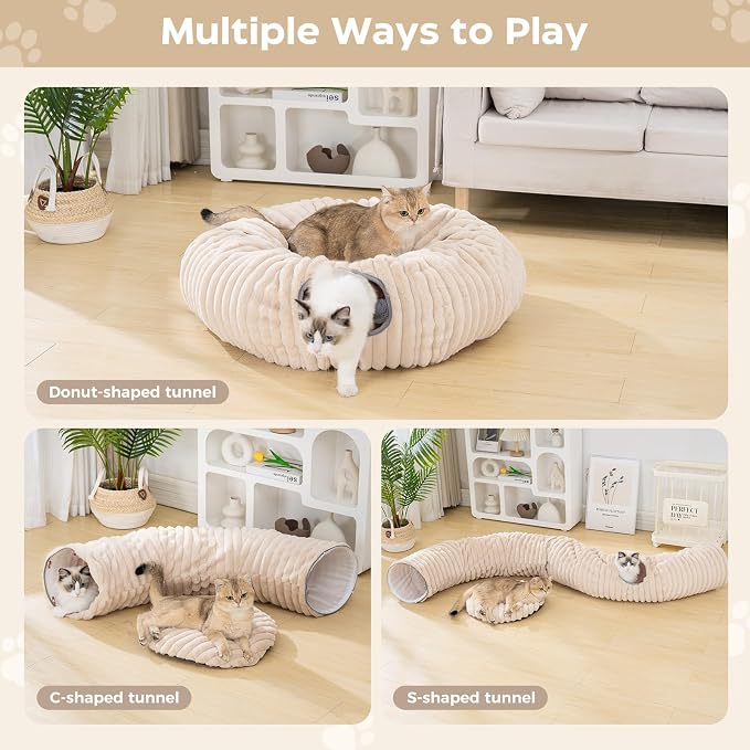 Avont Cat Tunnel Bed for Indoor Cats, Plush Fluffy Kitten Donut Tunnel 3 Shape to Play, Large Kitty Circle Tunnel Under Christmas Tree, Cat Play Toys Gift Ideas -Latte Short-Pile
