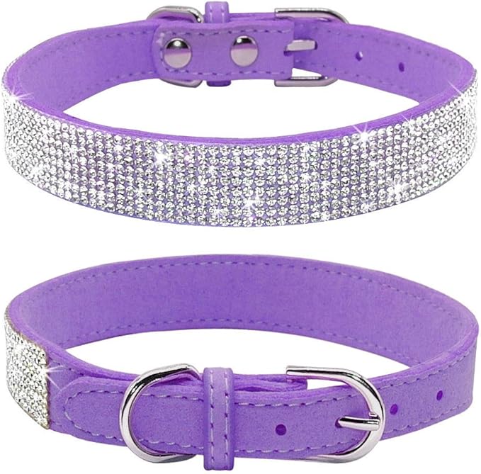 Rhinestone Dog Collar, Cute Dazzling Sparkling Soft Suede Leather Dog Cat Rhinestone Collar Crystal Diamond Pet Dog Puppy Collar(Purple,L fit Neck 38-46 cm)