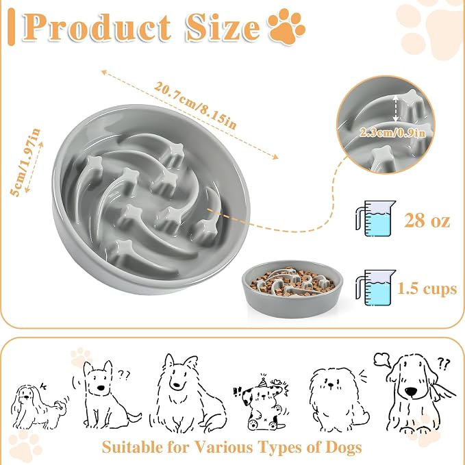Ceramic Slow Feeder Dog Bowls, 2 Cups Dog Food Dish for Medium and Large Breed, Puzzle Dog Food Bowl for Fast Eater, 28OZ, 8.15 inch(Grey)