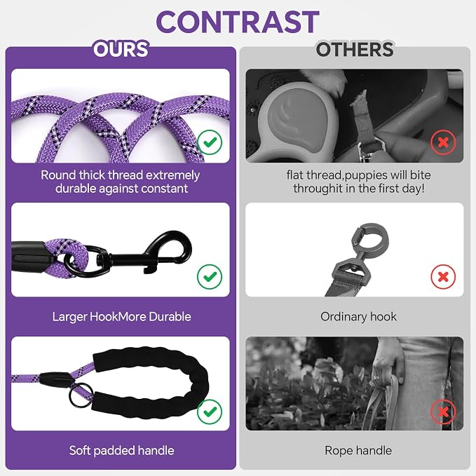 Heavy Duty Dog Leash - 4.9 FT for Large and Small Dogs - Strong Nylon, Comfortable Handle, Reflective Stitching - Ideal for Walking, Training, and Outdoor Activities, Purple