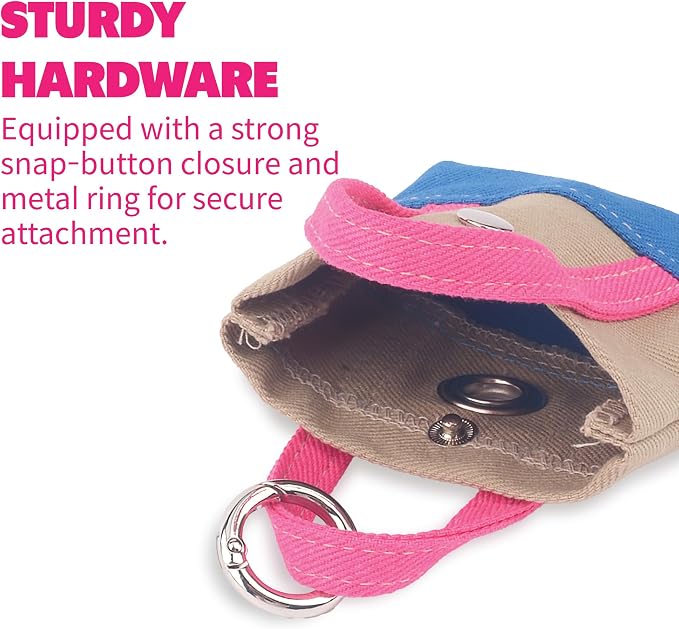 Dog Poop Bag Holder for Leash with 1 Waste Bag Roll, Canvas | Pink Handle, Waste Bag Dispenser Pouch, Round Clip, Cotton Carrier, Handmade in Korea