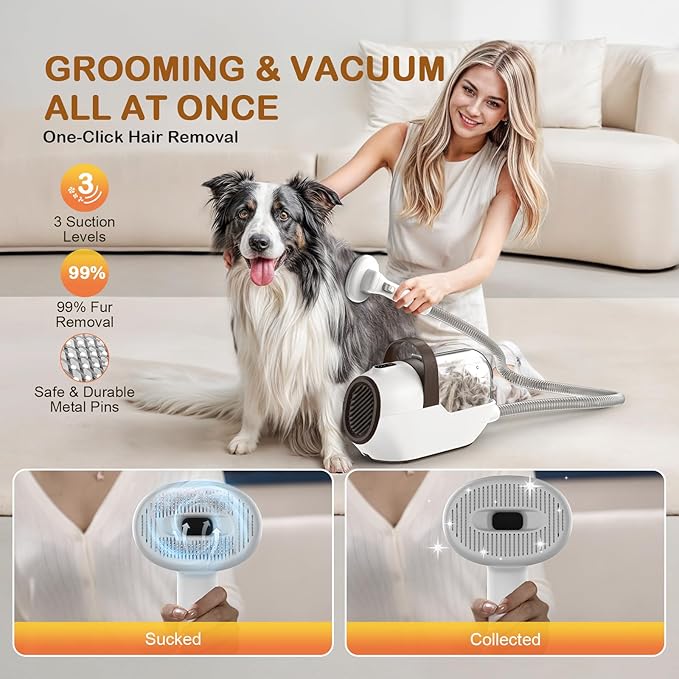 Dog Grooming Vacuum, Dog Grooming Kit with Pet Clipper Nail Grinder, 6 Pet Grooming Tools（Mahogany）